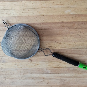Vintage Black and Green Handle Strainer. Antique Kitchen Utensil.