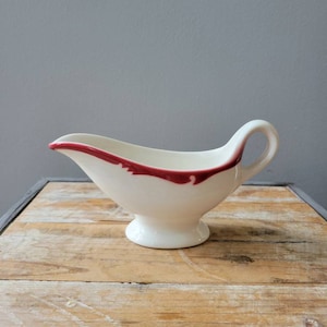Vintage Red Crest USA Gravy Boat. Red Rimmed Old Gravyboat. Restaurantware