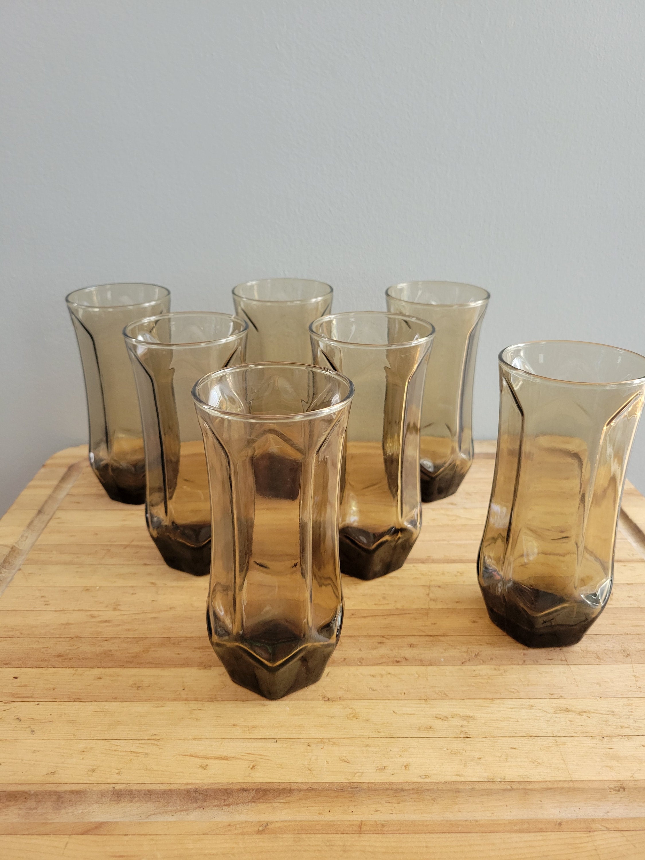 Vintage Set of 7 Smokey Colored Drinking Glasses. Old Glass Drinkware