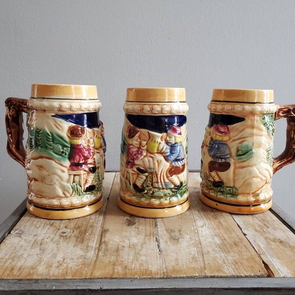 Vintage Set of 3 Made in Japan Beer Steins. Old Beer Mugs. Antique Collectible Beer Cups. Barcart