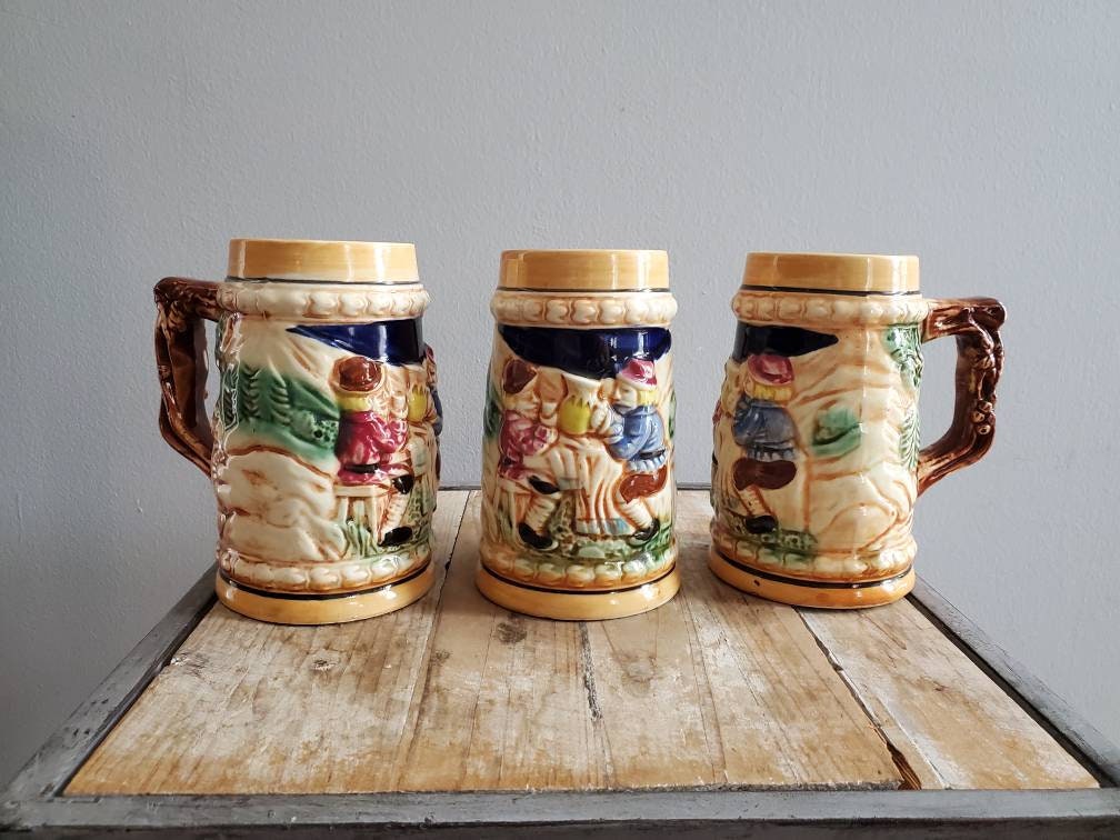 Vintage Set of 3 Made in Japan Beer Steins. Old Beer Mugs