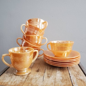 Vintage Set of 6 Anchor Hocking Fireking Iridescent Lusterware Tea