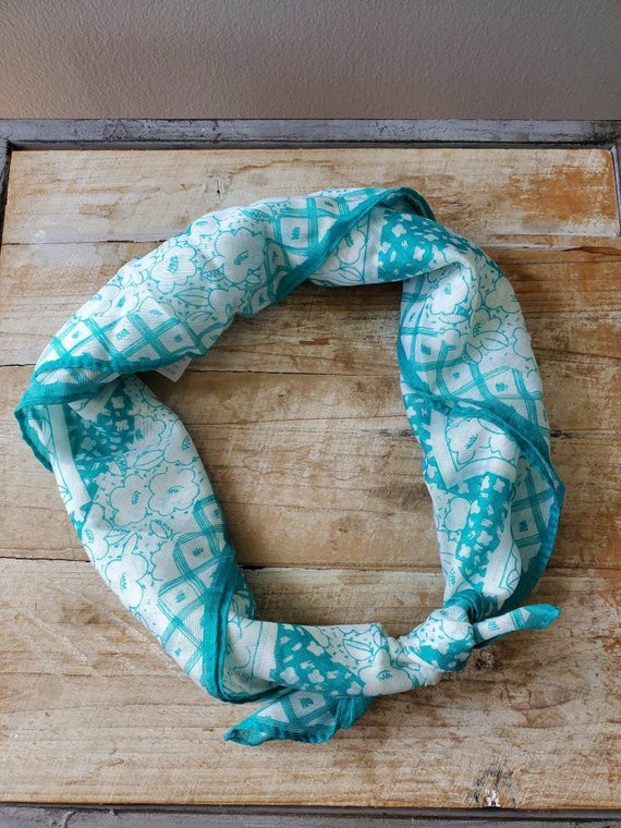 Vintage Teal Floral Scarf, Head Scarf, Neck Scarf, Silky  display picture 2