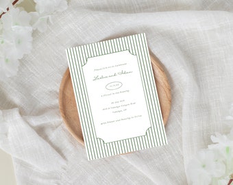 New Orleans Cafe Style Wedding Invite Template - Green Stripes - Printable - Instant Download
