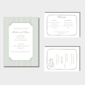 Plantilla de suite de invitación de boda estilo café de Nueva Orleans - Invitación, Tarjeta de detalles, Tarjeta RSVP - Rayas verdes - Imprimible - Descarga instantánea