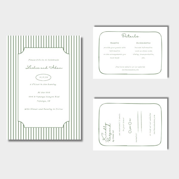 New Orleans Cafe Style Wedding Invitation Suite Template - Invitation, Detail Card, RSVP Card - Green Stripes - Printable - Instant Download