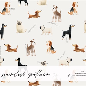 May include: A repeating pattern design showcasing diverse dog breeds in a watercolour style. The dogs are depicted in various poses and colours, including brown, black, and white. The text "MILATOO DIGITAL ART" and "seamless pattern" are also visible.