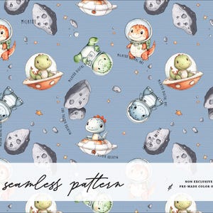 May include: Seamless pattern featuring cartoon dinosaurs in space suits and flying saucers, with asteroids and stars on a light blue background. The text "seamless pattern" is at the bottom of the image.