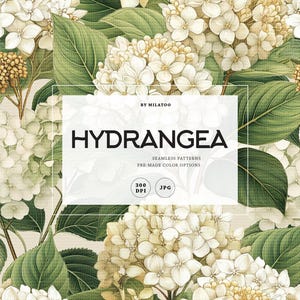 May include: A seamless pattern featuring white hydrangea flowers and green leaves. The design includes the text "HYDRANGEA" and "SEAMLESS PATTERNS" with "PRE-MADE COLOR OPTIONS" and the details "300 DPI" and "JPG".