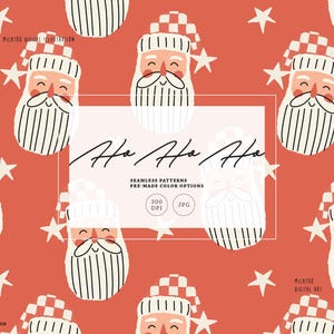 May include: A seamless digital pattern featuring repeating illustrations of Santa Claus faces with striped hats and white stars on a terracotta background. The central text reads Ho Ho Ho, Seamless Patterns, Pre-made Color Options, 300 DPI, JPG.