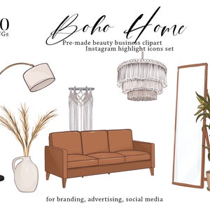 May include: A set of 50 boho home Instagram highlight icons featuring a brown couch, a floor lamp, a macrame wall hanging, a mirror, a potted plant, and a white chandelier.