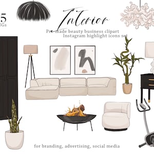 Home decor clipart Watercolor Clipart Icons Interior Design Furniture Blog Bundle Hand Drawn house Planner Sticker Graphics
