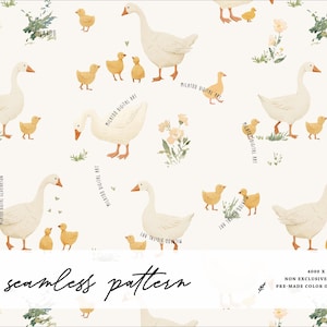 Puede incluir: Un patrón sin costuras con ilustraciones de gansos blancos y patitos amarillos, junto con elementos florales, sobre un fondo crema. El texto "seamless pattern" está en la parte inferior. El diseño no es exclusivo con opciones de color prefabricadas.