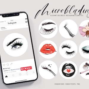 Peut inclure: Ensemble de neuf icônes d'histoire Instagram pour une entreprise de microblading. Les icônes présentent des illustrations de cils, de lèvres et d'outils utilisés en microblading. Les icônes sont de forme circulaire avec un fond blanc et un contour noir. Le texte "Microblading" et "Elegant Business Instagram Icons Set" est en haut de l'image.