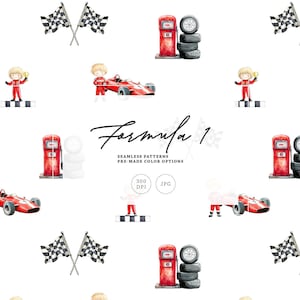 May include: A watercolour pattern with Formula 1 racing theme. It features red race cars, chequered flags, petrol pumps, tyres, and a racing driver. The words "Formula 1" are also included in the design.
