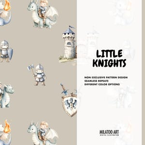 May include: A repeating pattern with watercolour illustrations of knights, dragons, castles, and shields in soft pastel colours. The text "LITTLE KNIGHTS" is displayed in a bold font. The design includes the text "NON EXCLUSIVE PATTERN DESIGN, SEAMLESS REPEATE, DIFFERENT COLOR OPTIONS."