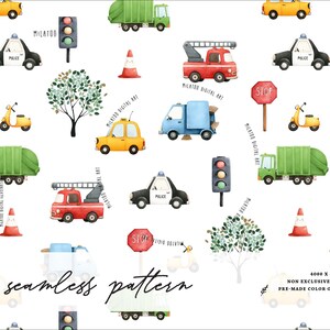 May include: A seamless pattern featuring watercolor illustrations of various vehicles, including police cars, fire trucks, garbage trucks, and taxis. The design also includes stop signs, traffic lights, trees, and scooters, all set against a white background.