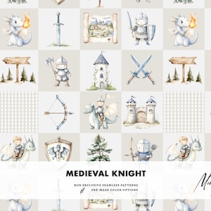 Puede incluir: Patrón repetitivo con ilustraciones en acuarela de caballeros medievales, dragones, castillos, espadas y arcos y flechas. El diseño incluye el texto "MEDIEVAL KNIGHT" sobre un fondo a cuadros gris claro.