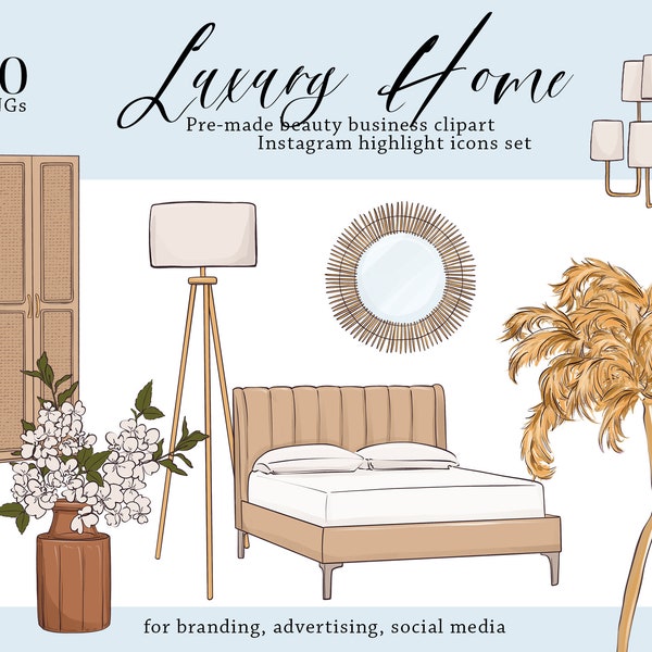 Furniture and Decor Clipart, interior decoration sublimation, House Home Digital icons, luxury furniture PNG, glam living room