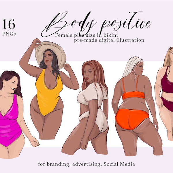 Body positive clipart plus size women summer swimwear collection curve, body shape fashion illustration diversity afro skin PNG printable