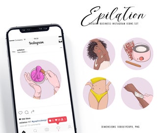 Puede incluir: Conjunto de cinco iconos de historia de Instagram para un negocio que ofrece servicios de depilación con cera. Los iconos presentan ilustraciones de una mujer que se depila con cera, un calentador de cera, una mano aplicando cera y una mujer en bikini. Los iconos están diseñados en un estilo minimalista con una paleta de colores rosa y morado.