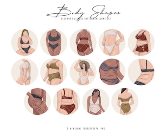 May include: Set of 12 Instagram story highlight icons featuring different body shapes in various poses wearing lingerie. The icons are in a circle shape with a beige background and the text "Body Shapes" and "Elegant Business Instagram Icons Set" at the top.