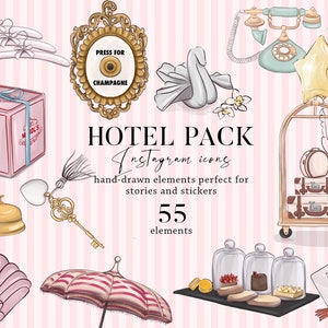 Hotel clipart spa Instagram highlight icons set, travel kit watercolor rose keychain stickers vacation printable resort sublimation designs
