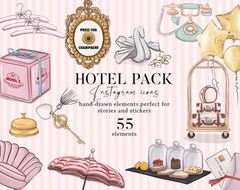 Hotel clipart spa Instagram highlight icons set, travel kit watercolor rose keychain stickers vacation printable resort sublimation designs