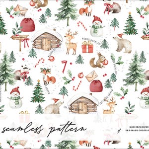 Può includere: Un motivo senza cuciture con illustrazioni ad acquerello di animali invernali, tra cui volpi, orsi e cervi, insieme ad alberi di Natale, baite innevate e scatole regalo. Il design include il testo "seamless pattern".
