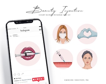 Plastic surgery clipart Beauty injection Instagram highlights Lip filler icons MUA makeup medical clinic, hyaluronic acid, liposuction