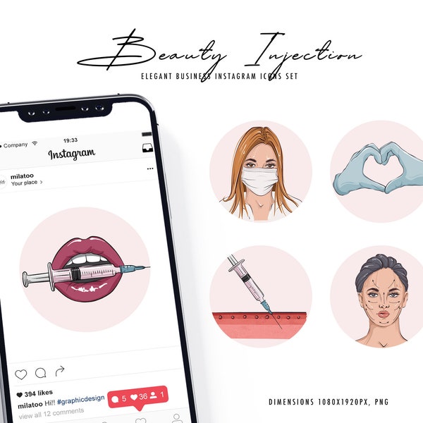 Plastic surgery clipart Beauty injection Instagram highlights Lip filler icons MUA makeup medical clinic, hyaluronic acid, liposuction