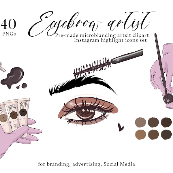 Eyebrow artist clipart. Eyebrow mapping tint, shaping, dye, permanent tattoo, henna icons set. Microblading salon