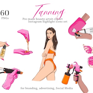 Tanning clipart, self-tan body care logo, tanning png, brown skincare products bronze skin oil lotion spray icon business illustration