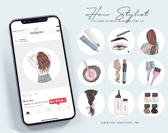 Puede incluir: Un conjunto de nueve iconos de historia de Instagram para un negocio de peluquería. Los iconos presentan ilustraciones de productos para el cuidado del cabello, herramientas y una mujer con cabello largo y castaño. Los iconos tienen forma circular con fondo blanco y borde azul claro. El texto "Hair Stylist" y "Elegant Business Instagram Icons Set" está en la parte superior de la imagen. El texto "DIMENSIONS 1080X1920PX, PNG" está en la parte inferior de la imagen.