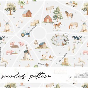 May include: A seamless pattern featuring watercolor illustrations of a farm scene. The design includes barns, windmills, animals like cows, pigs, and horses, and the text "seamless pattern". The background is a light gray color.