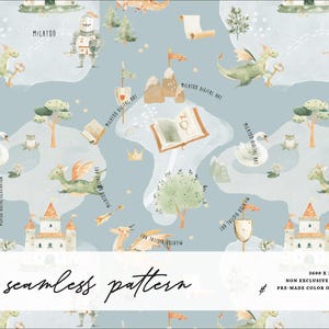 May include: A seamless pattern on a light blue background featuring watercolor illustrations of knights, green dragons, white swans, castles, open books, scrolls, trees, and crowns. The text Milatoo Digital Art appears repeatedly throughout the design.