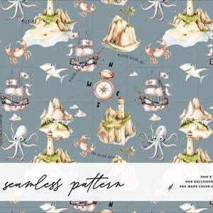 May include: A seamless pattern featuring a nautical theme with pirate ships, octopuses, sharks, crabs, islands, and lighthouses on a blue map background. The words "seamless pattern" are written in cursive. The design includes a compass and other nautical elements.