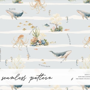 May include: A seamless pattern featuring watercolor illustrations of whales, octopuses, seahorses, and fish on a light blue background with white horizontal stripes. The text "seamless pattern" is at the bottom.