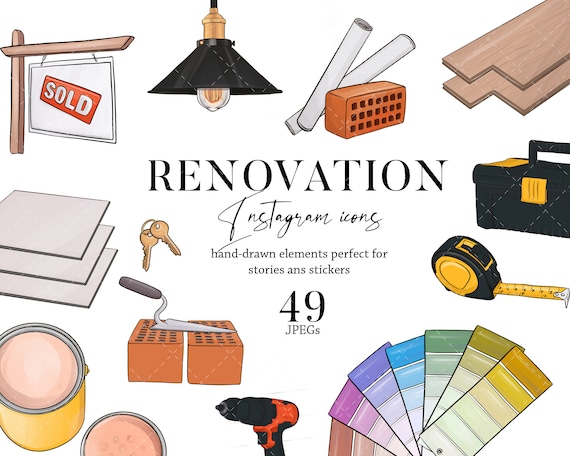 Real estate icons set, realtor business clipart, social media house renovation, handyman home decor craftsman, DIY repair garage tools
