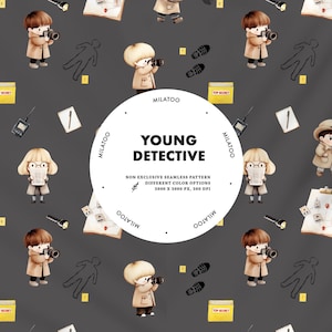 Op de afbeelding: Naadloos patroon met aquarel illustraties van jonge detectives, vergrootglazen en bewijsstukken op een donkergrijze achtergrond. Bevat de tekst "YOUNG DETECTIVE".