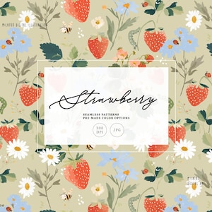 Może przedstawiać: Bezszwowy wzór z truskawkami, stokrotkami, niebieskimi kwiatami, pszczołami i biedronkami na jasnym zielonym tle. Słowo "Strawberry" jest napisane kursywą. Projekt oznaczony jako "Seamless Patterns" i "Pre-Made Color Options".