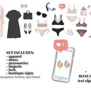 shopping clipart dress, bikini, jewelry icons