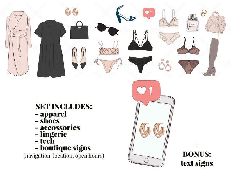 shopping clipart dress, bikini, jewelry icons