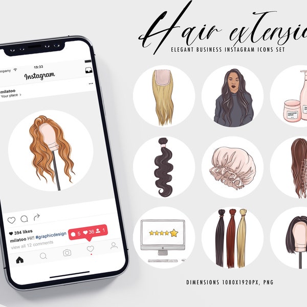 Hair extension clipart, wigs store Instagram highlight icons Mannequins with afro braids, curly brown, wavy, clip in, black, ombre, ponytail
