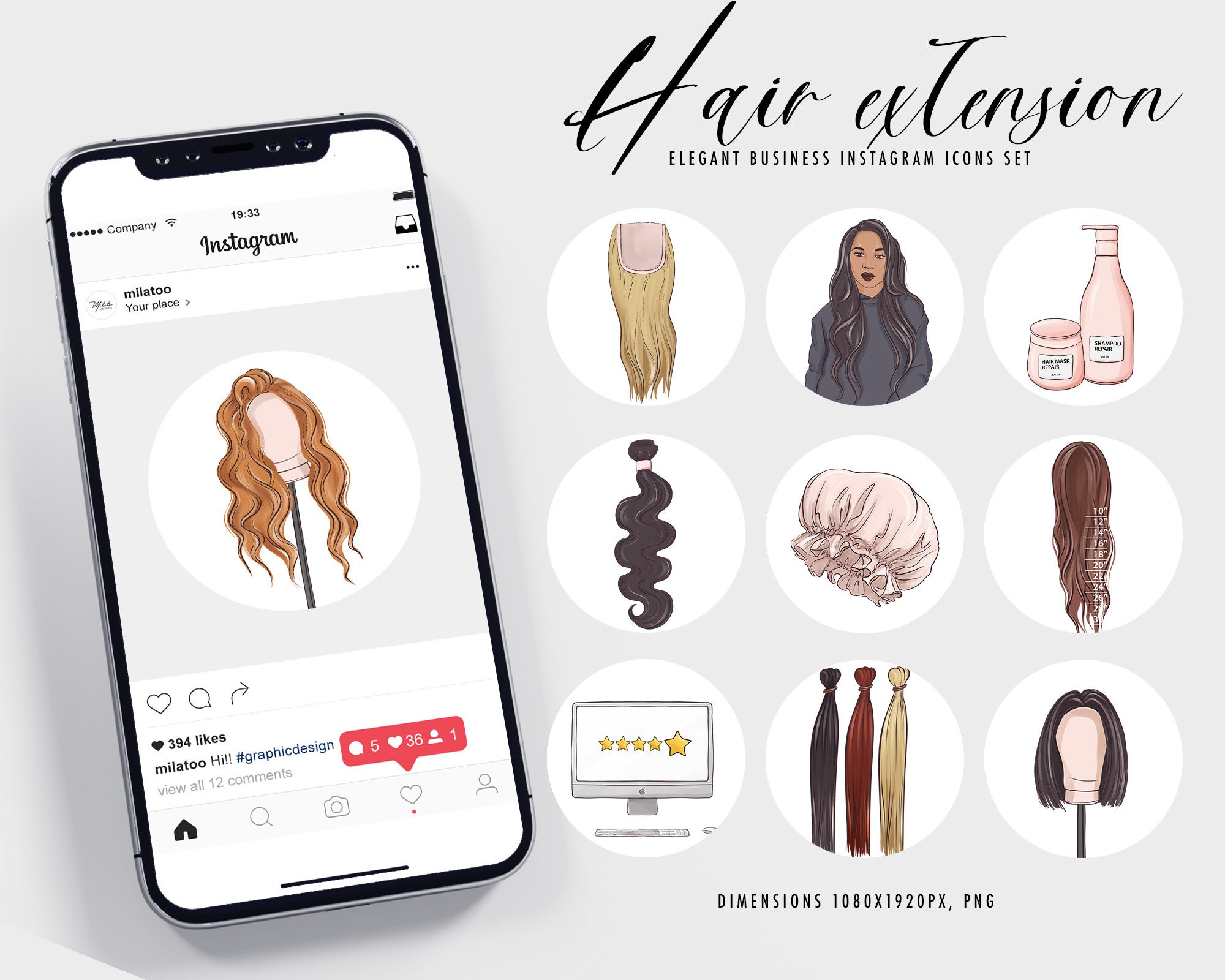 Hair extension clipart, wigs store Instagram highlight icons Mannequins with afro braids, curly brown, wavy, clip in, black, ombre, ponytail