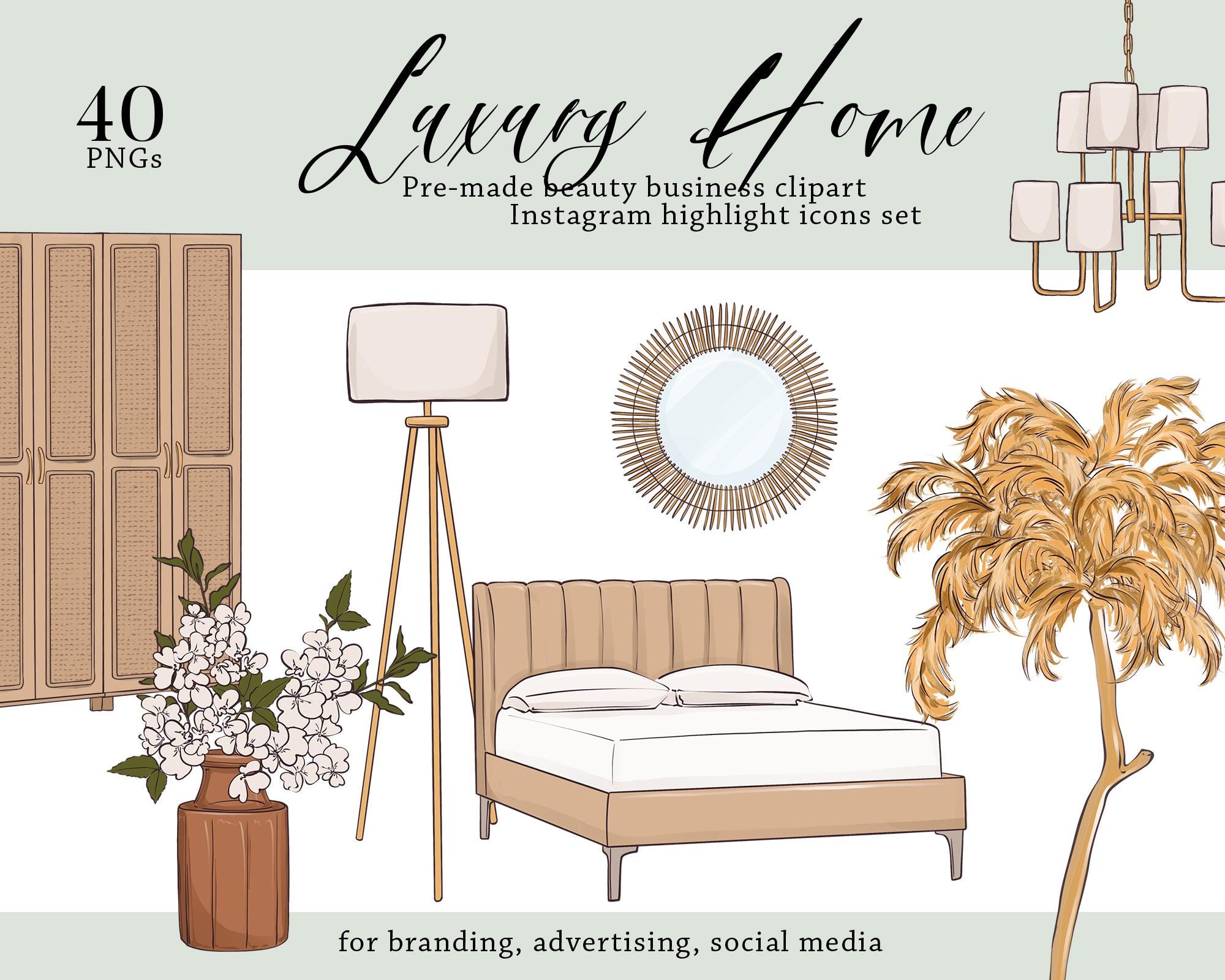 Furniture and Decor Clipart, interior decoration sublimation, House Home Digital icons, luxury furniture PNG, glam living room