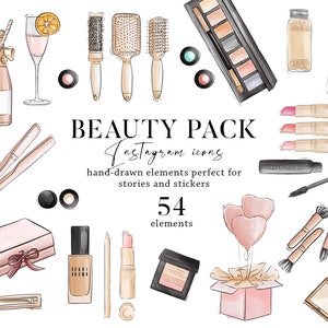 Icônes de point culminant de l'histoire Instagram de maquillage de salon de beauté, logo de spa cosmétique aquarelle, outils principaux de clinique de soins de beauté sur les réseaux sociaux