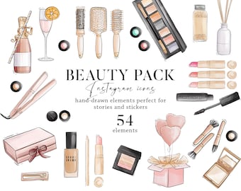 Beauty salon clipart makeup Instagram story highlight icons, Watercolor cosmetic spa logo, social media beauty treatment clinic master tools
