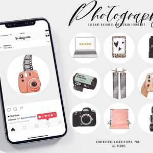 May include: A set of 63 Instagram icons for photography businesses. The icons feature a variety of photography-related images, including cameras, film, and a backdrop. The icons are designed in a modern, minimalist style and are perfect for use on social media.