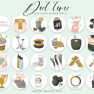 May include: A set of 16 colorful Instagram story icons for a diet and fitness business. The icons feature images of food, exercise equipment, and motivational quotes. The icons are designed in a modern, minimalist style.